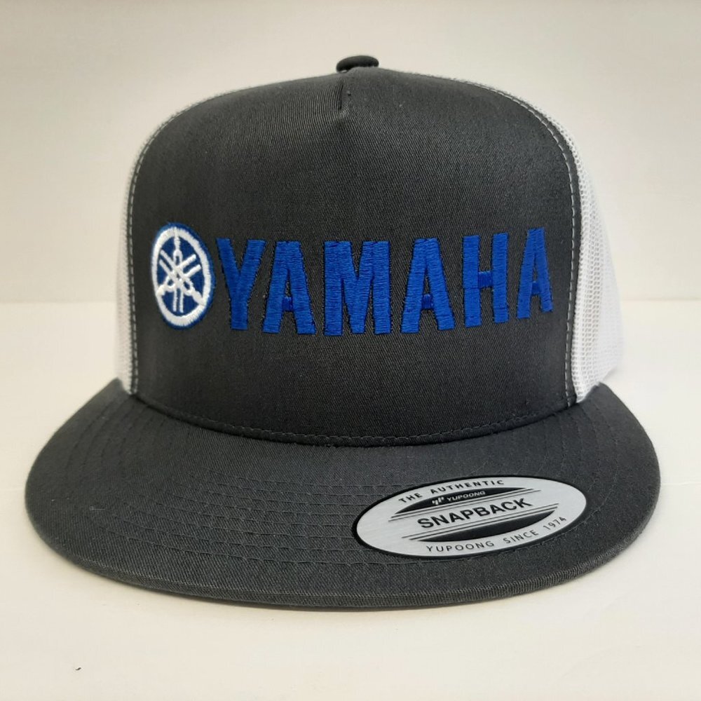Yamaha Embroidered Trucker Flat Bill Mesh Snapback Cap Hat Gray & White